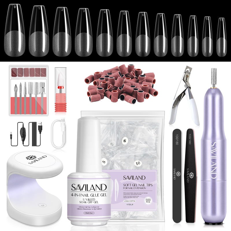 SAVILAND Gel Nail Kit with Drill ALLIN1 Beginner Nail Kit 05Oz U V Nail Glue Gels Gel Nail X Kit with Lamp 500 Pcs Long Coffin Tips Nails Builder Kits Salon At Home Manicure Gift for Women
